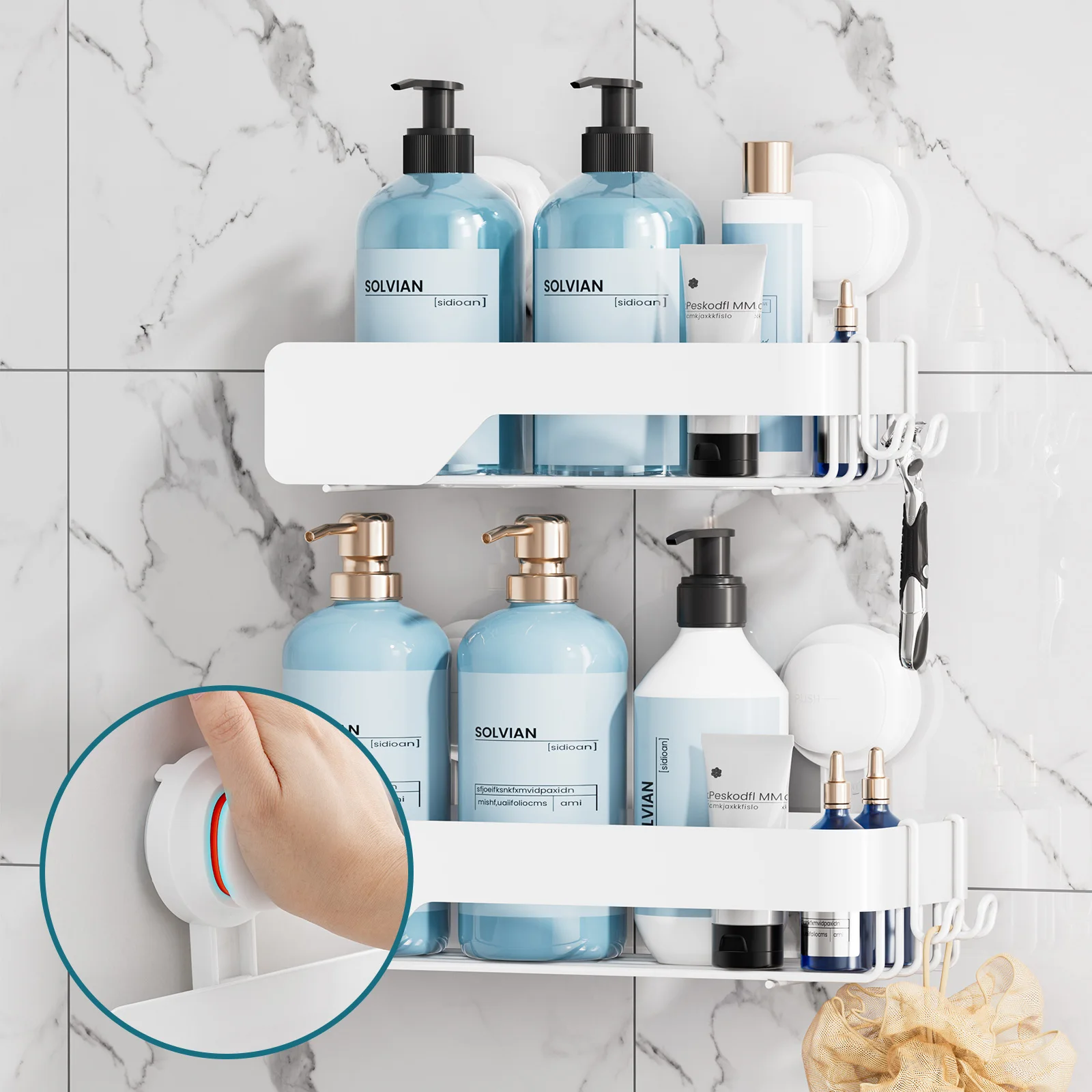 

TAILI Shower Caddy Suction Cup 2 Pack With Visible Safety Indicator, Stainless Steel Rustproof Shower Shelves, No Drilling