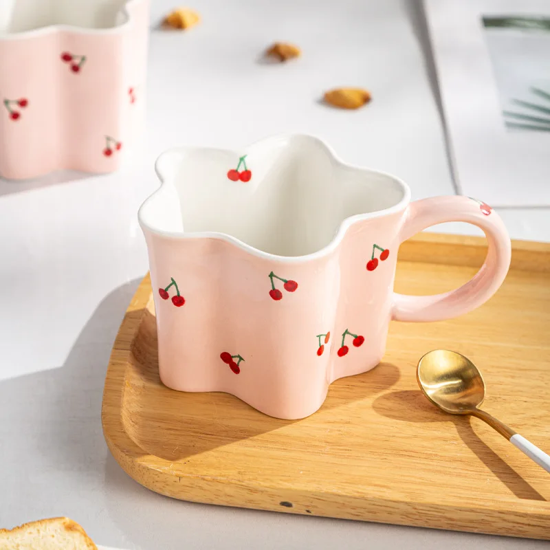 Ceramic Mugs Cartoon Cherry Print Irregular Flower Shapes Coffee Mug Children's Milk Cups Birthday Present for Girls