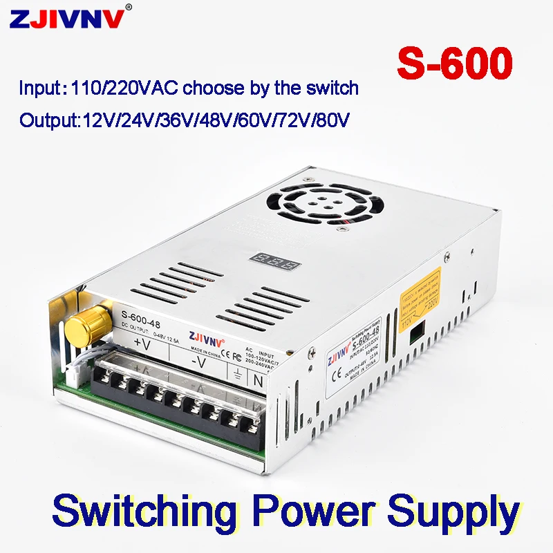 

600W Switching Power Supply Converter for Converting AC 110V/220V to DC 0-12V 24V 36V 48V 60V 72V 80V S-600 KC CE