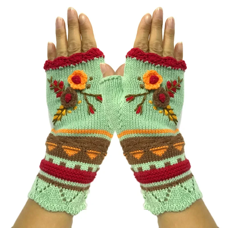 

Women Warm Knitting Hand Hook Jacquard Knitted Fingerless Winter Gloves High Quality Mittens Handmade Flower Embroidery Gloves