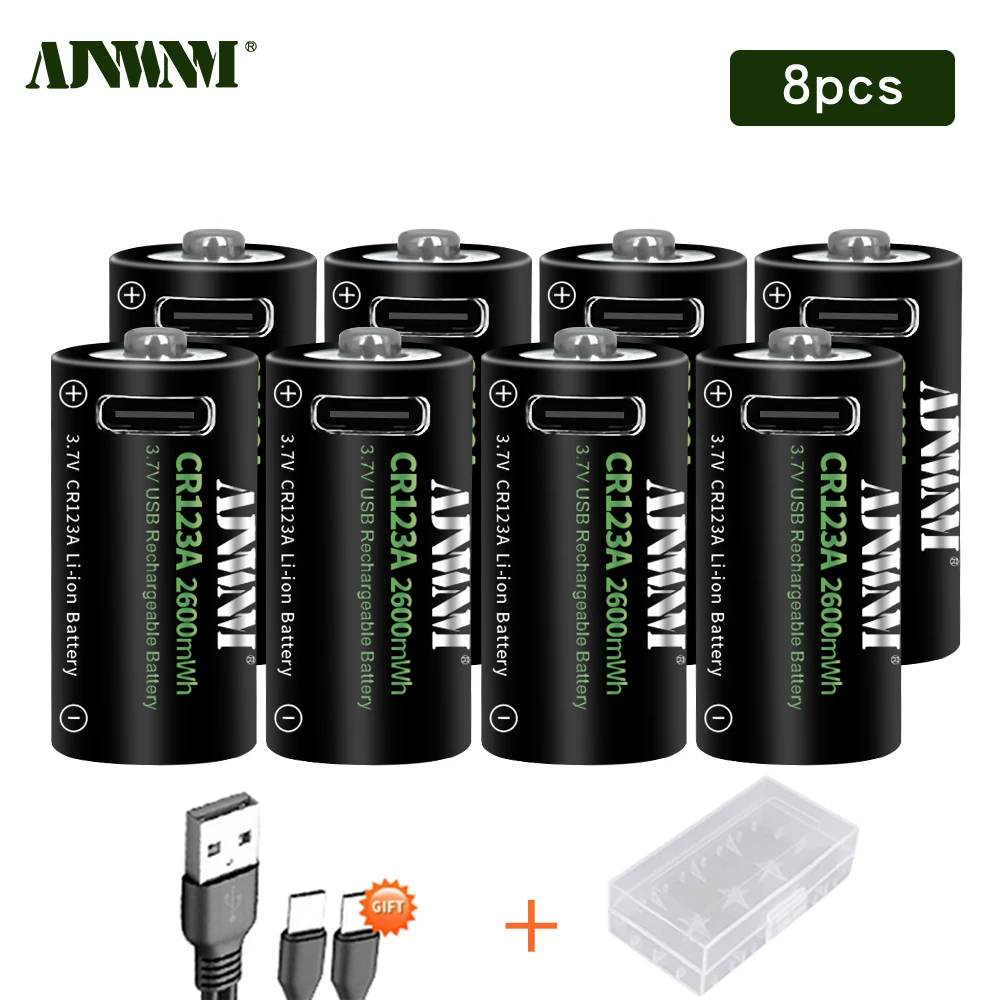 AJNWNM CR123A Battery 2600mWh 3.7V Rechargeable Li-ion 16340 Batteries For LED Flashlight 16350 RCR123 Battery+USB Type-c Cable