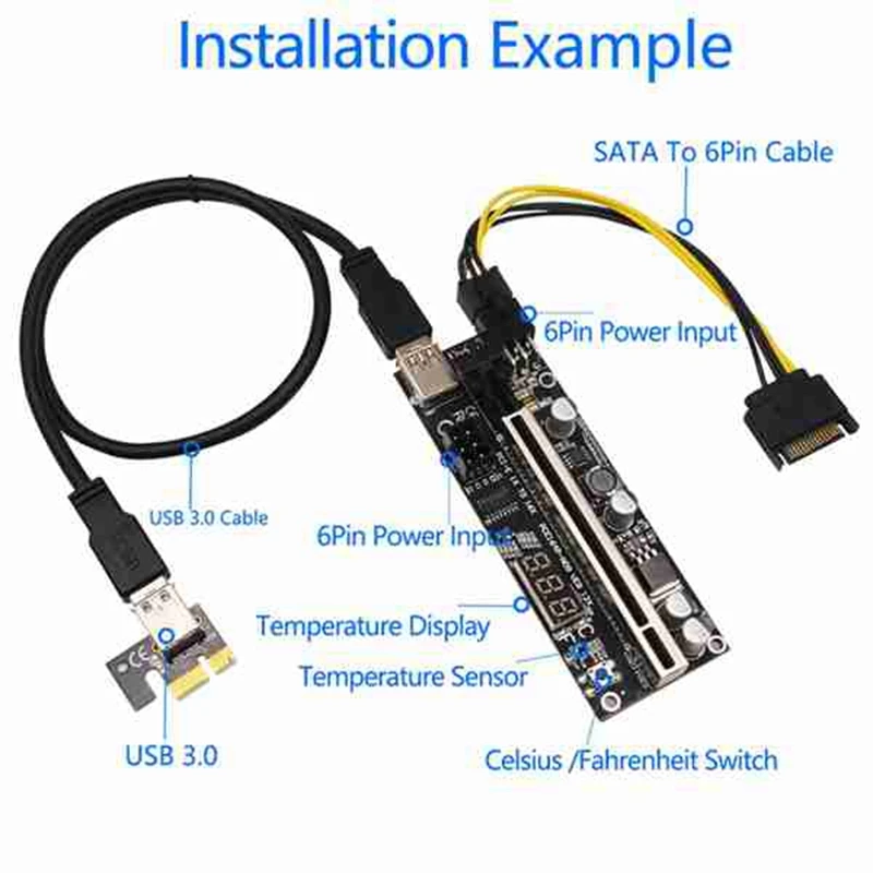 Paquete de 6 tarjetas elevadoras PCIE Riser 1X a 16X, extensión gráfica con Sensor de temperatura para Bitcoin GPU Mining Riser adaptador