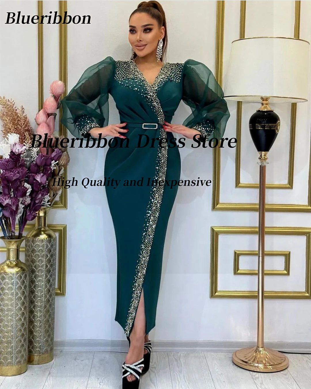 Blueribbon Handmade Beaded Luxury Prom Dresses with Sash Long Sleeves Evening Gowns Saudi Arabia Women Side Slit Formal Dress