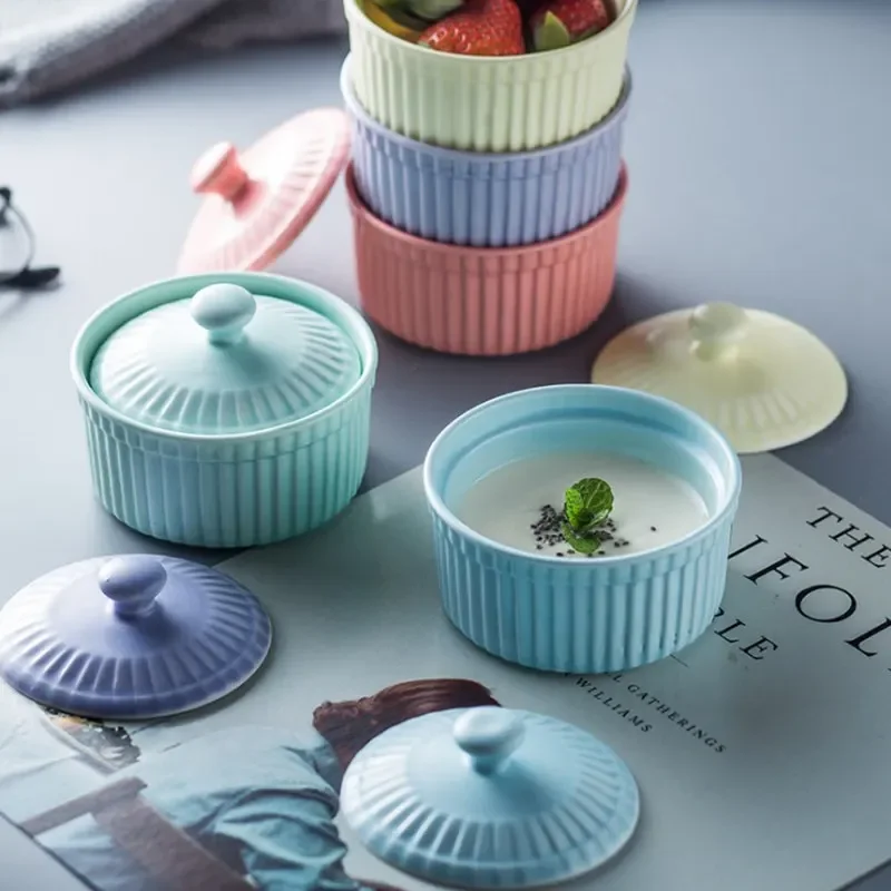 

125ml Ceramic Soufflé Baking Bowl with Lid Dessert Pudding Cake Oven Microwave Egg Steam Cup Fruit Yogurt Baby Food Tableware