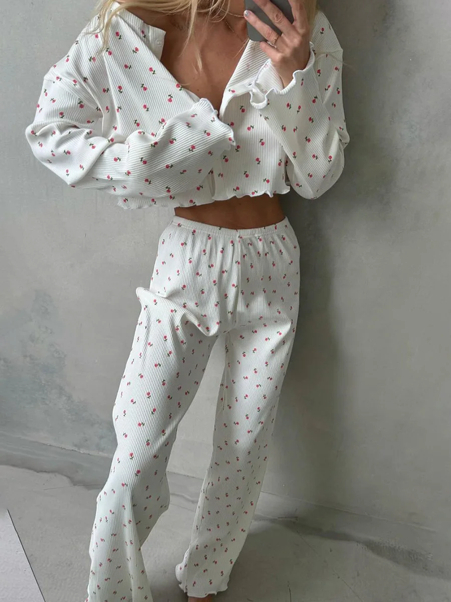 

Новый комплект из 2 предметов: женская пижама с длинными рукавами и брюками, весенний вязаный кардиган, удобный домашний комплект одежды для женщин