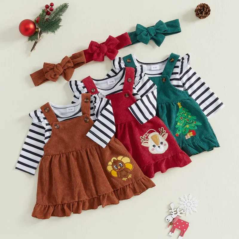 0 to 18 Months Christmas/Thanksgiving Baby Girls Ruffles Dress Sets Striped Long Sleeve Bodysuit Corduroy Overall Skirt