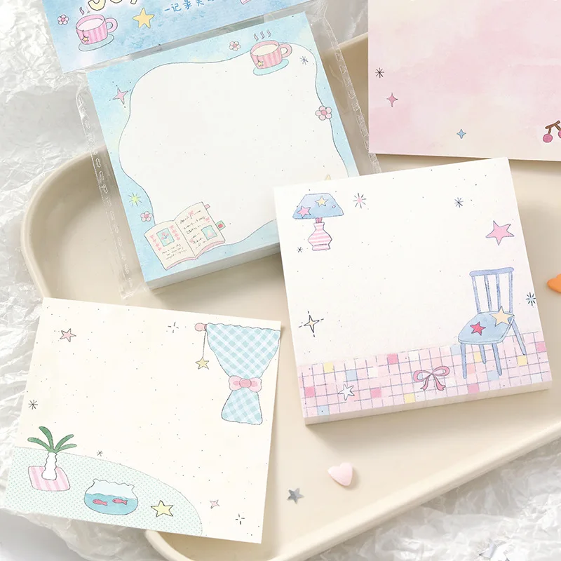 100 Pcs/Pack Cute Cartoon Notes Star Sweet Dream House Pattern Korean Style Illustration Notebook Materials Office Leave Message