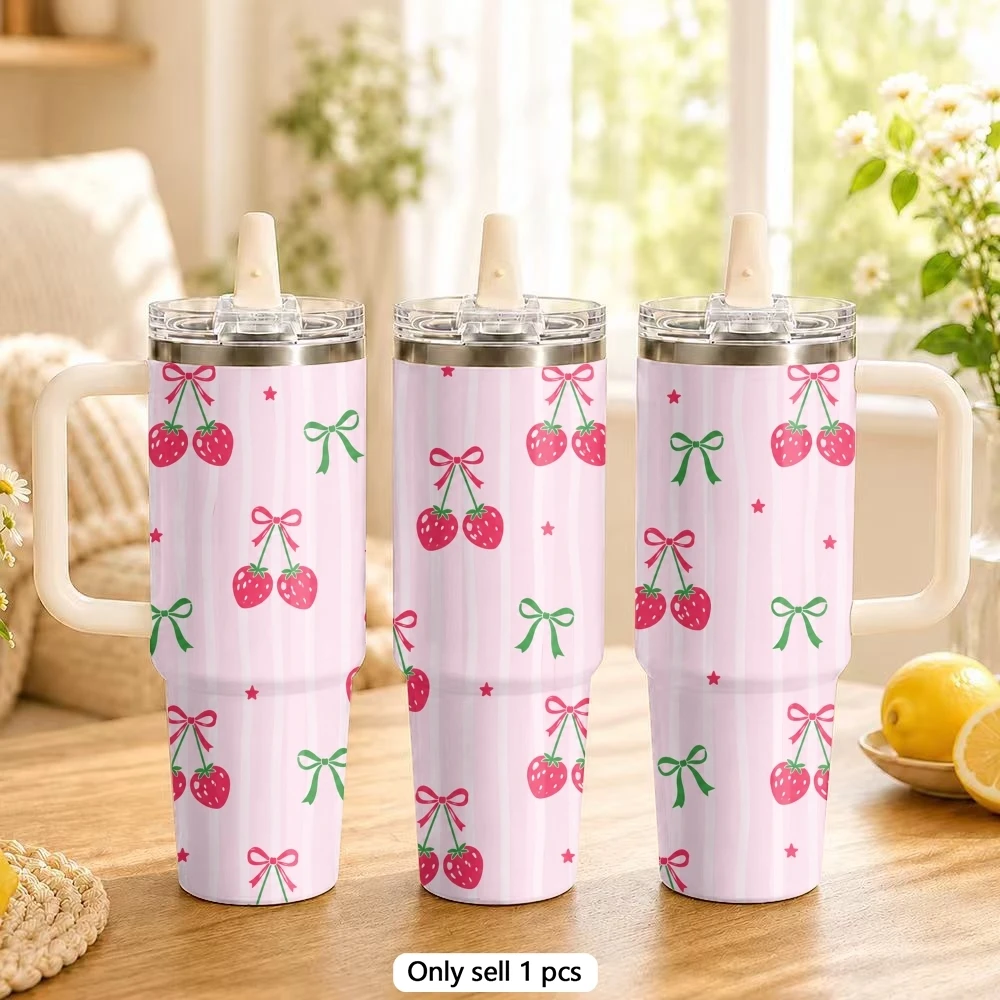 Cherry Bow Vacuum Flasks 40oz Stainless Steel Tumbler with Handle Straw Lid Vacuum Insulated Double Wall Leak Proof