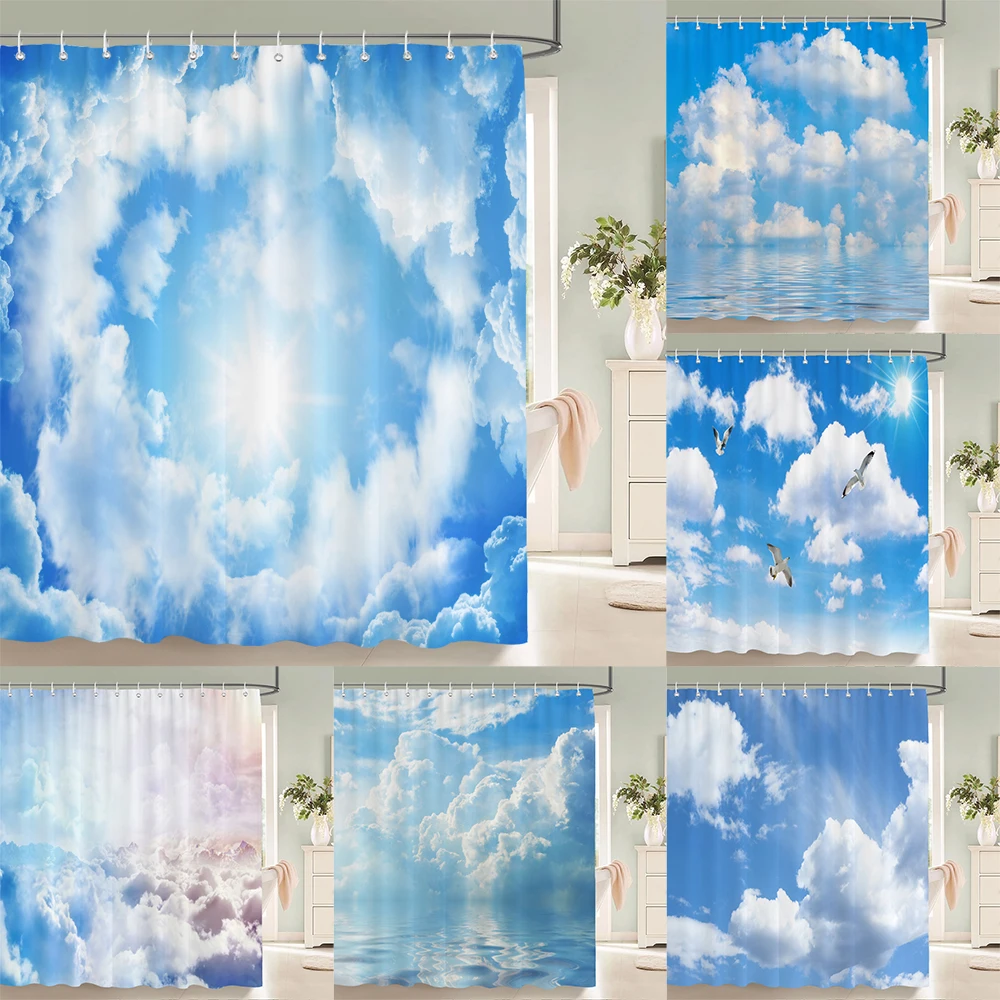 Blue Sky Clouds Scenery Shower Curtain Waterproof Bathroom Curtain With Hooks Bath Curtains Fabric 3d Printed 180*200cm Curtain