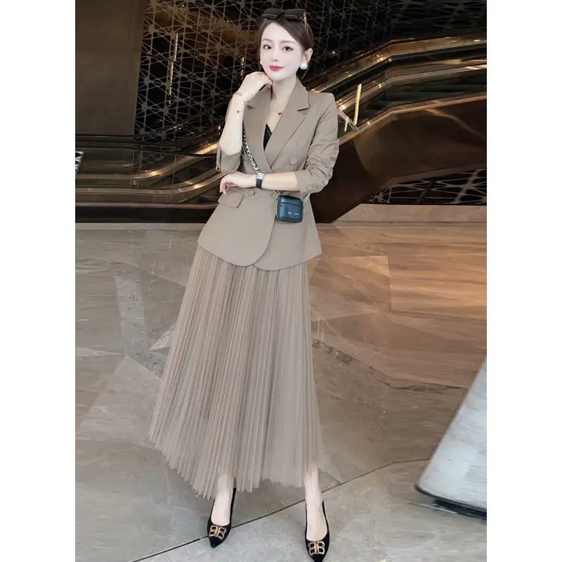 

2023 Women Spring Autumn New 2 Piece Set Elegant Slim Blazer Jackets Female High Waist Mesh Pleated Skirts Ladies Outfits R482