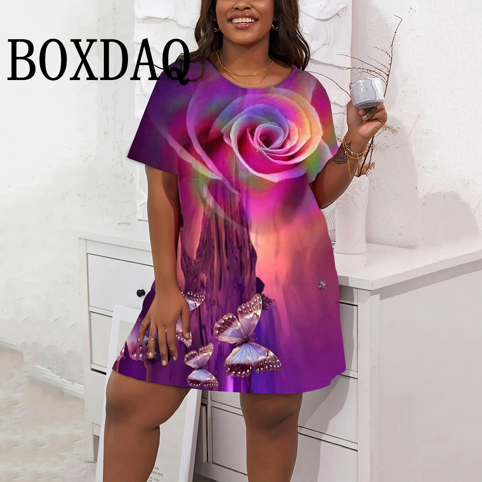 Gradient 3D Rose Flower Print Dress Summer Women Clothes Short Sleeve Fashion Butterfly Graphic A-Line Dress For Women Plus Size