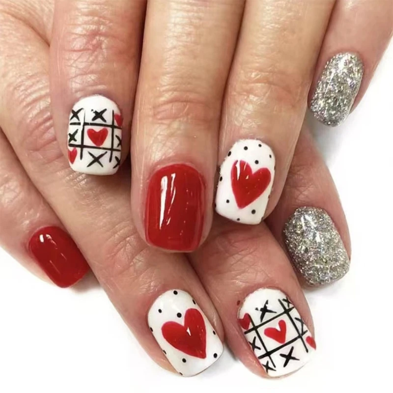 Valentine Press On French Tip Square False Glues on for Women