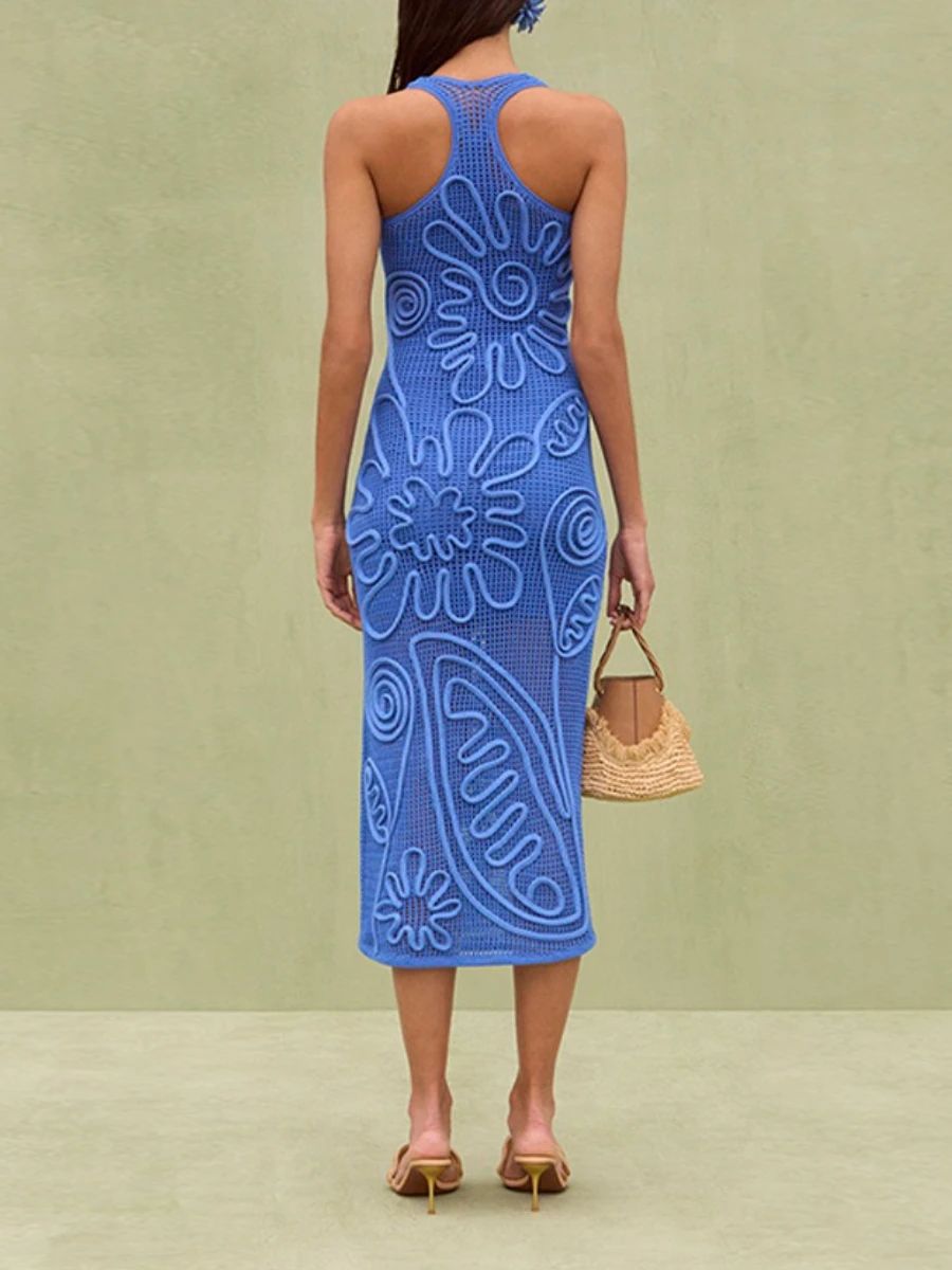 VGH 섹시 비치 슬림 니트 드레스 여성용 홀터 슬리브리스 하이웨이스트 스플라이스 3D 플로럴 휴가 스타일 드레스 여성 여름