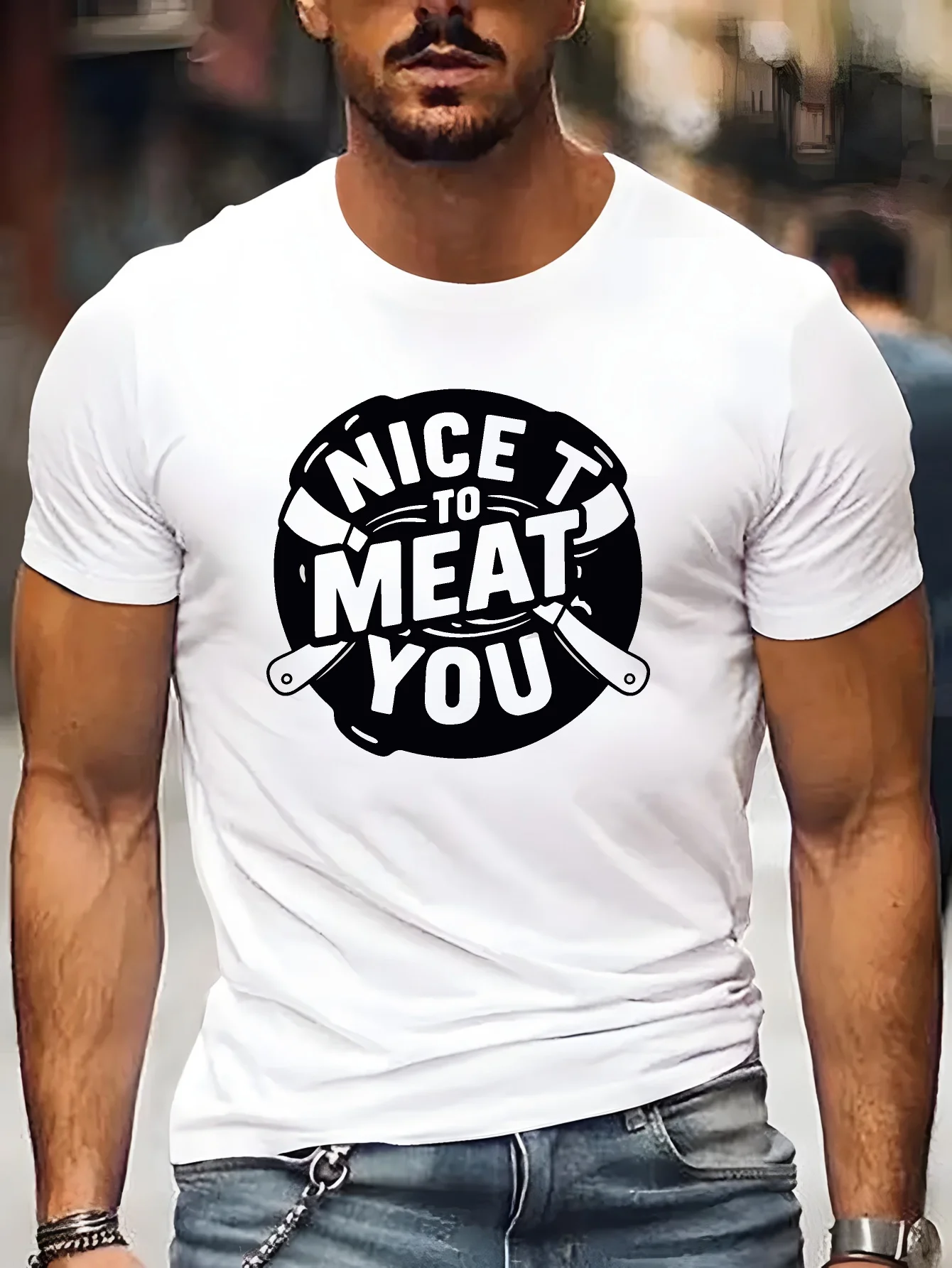 Meat Lover Men Short Sleeve Tshirt Nice To Meat You Butcher Knife Circle Print O Neck Tee BBQ Pun Male Casual Fashion Tops