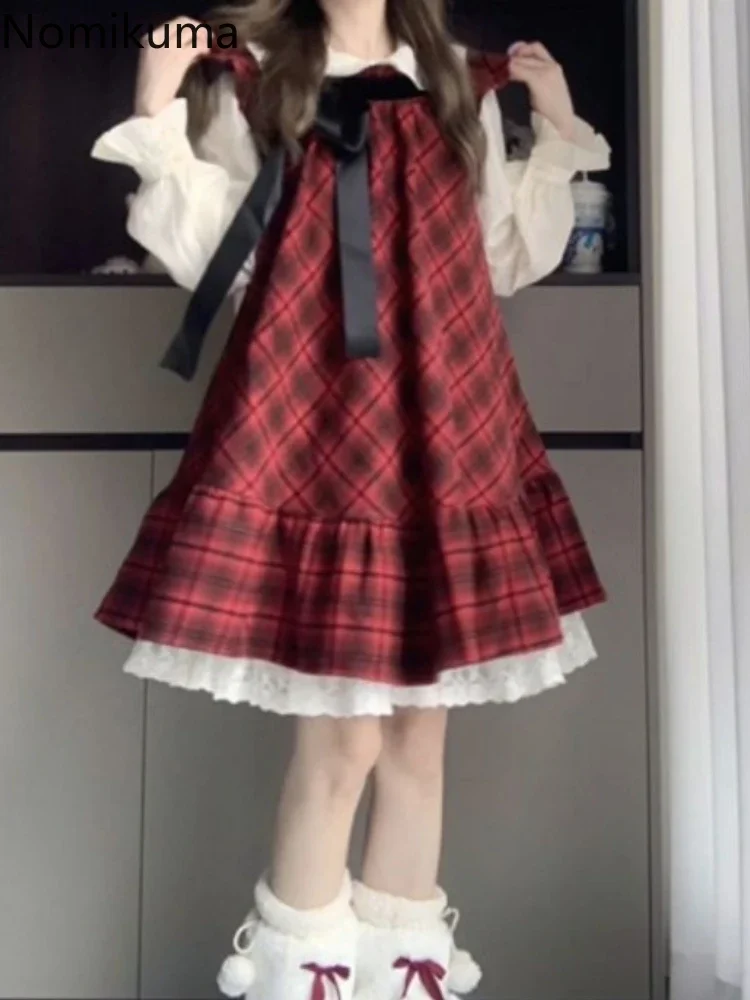 بدلة فستان حلوة يابانية مكونة من قطعتين 2024 ملابس نسائية بياقة بيتر بان وأكمام طويلة وقميص بفيونكة فضفاضة منقوشة ملابس #3