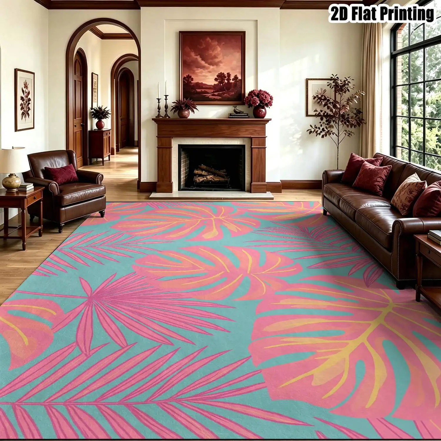 1Pc 2D Printed Pink-Blue Tropical Plant Pattern Nordic Carpet, Instagram-Inspired Modern Minimalist Floor Mat, Machine-Washable, Multi-Size Home Decor Rug for Entrance, Dining Room, Foyer, Bedroom & Living Room