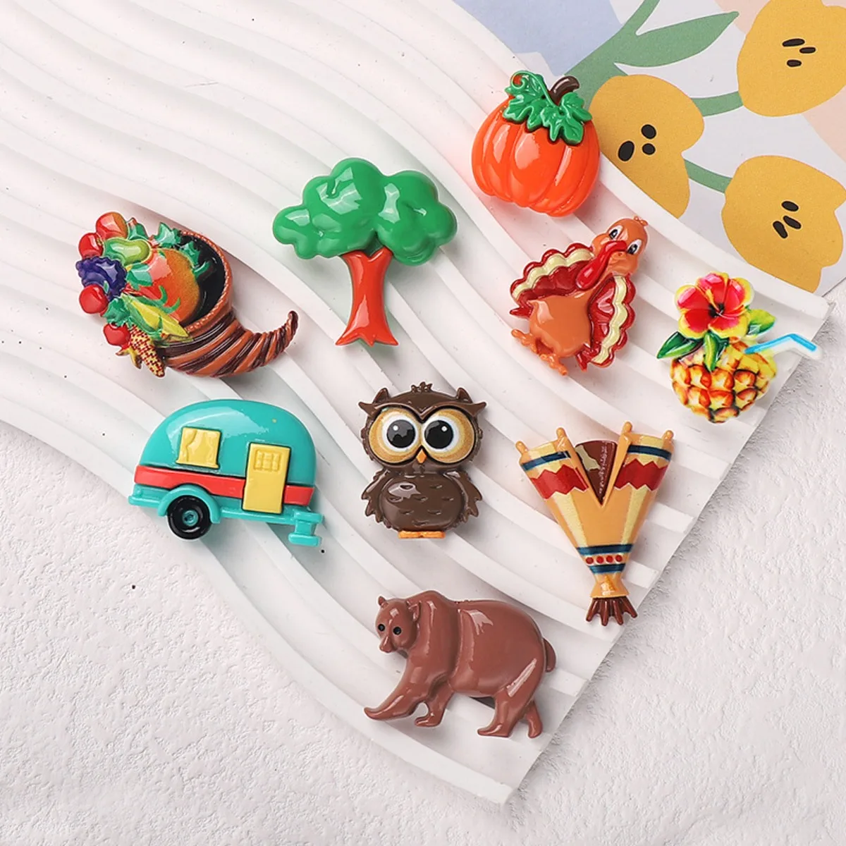 Z61 5Pcs Resin Fun Colorful Turkeys Owl Grass House Pumpkin Fruit Drink Flatback Stone Decor DIY Scrapbook Accessories Material