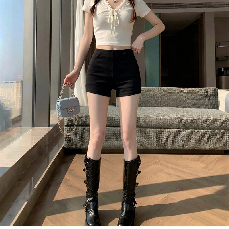Black High-Waist Sexy Suit Shorts Women's Spring Summer Slimming Hot Pants Elastic Casual Pants High Waist Pocket Design