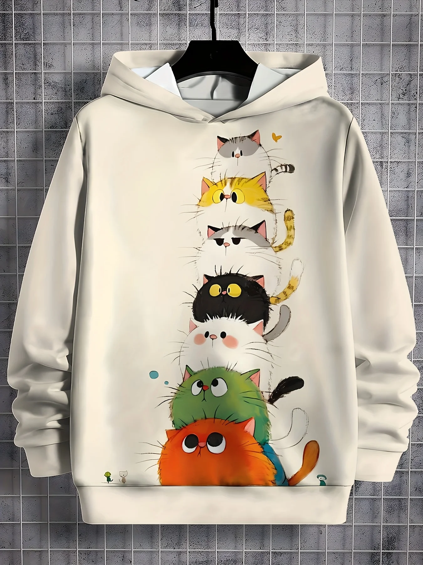 

3D Cat Printed Hooded Sweater - Cute Cartoon Cat and Kitten Design with Heart Pattern and Paw Prints Machine Washable