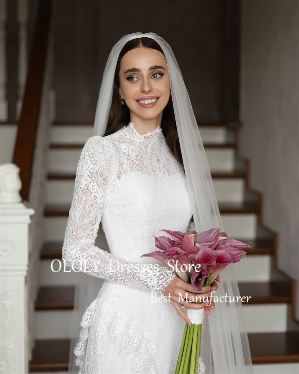 OLOEY Abito da sposa a sirena avorio modesto collo alto abito da sposa in pizzo di lusso maniche lunghe lunghezza pavimento realizzato su misura