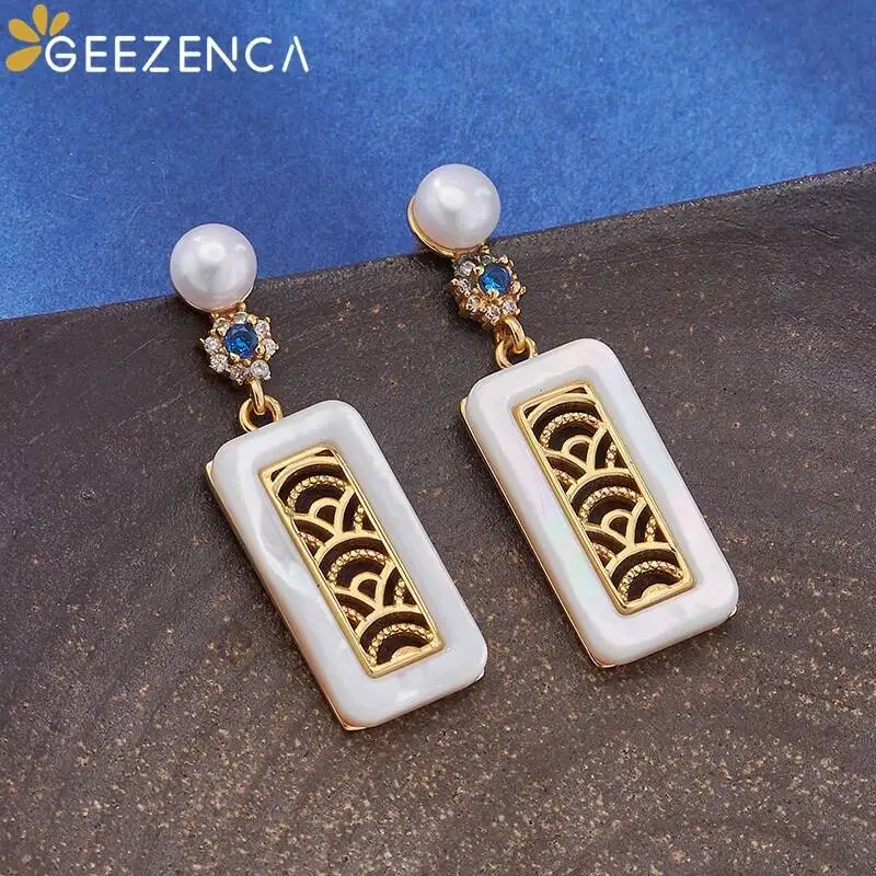 GEEZENCA Natural Pearls White Mother of Pearl 925 Silver Garden Window Dangle Earrings For Women Ethnic Chic Earring 2024 Gift