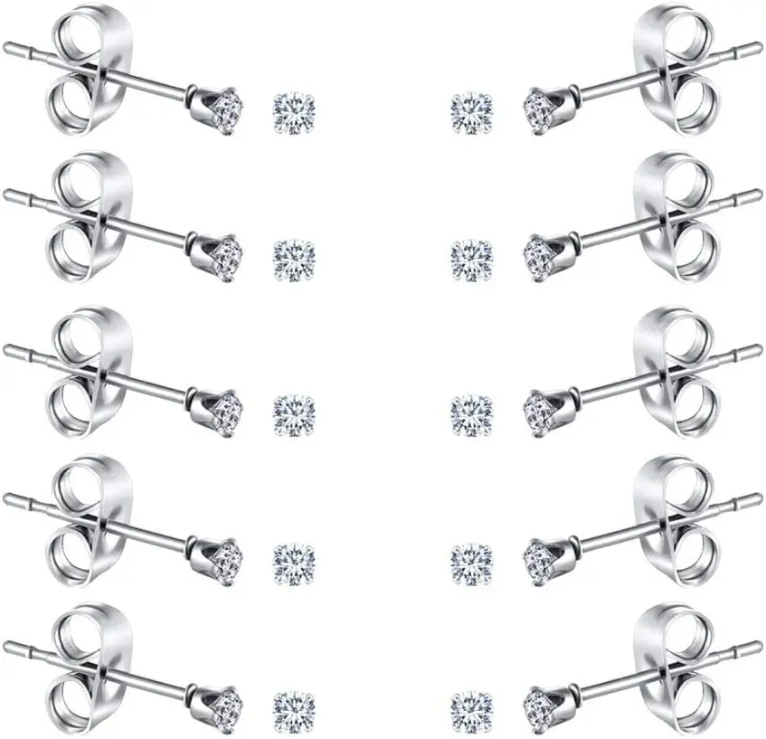 

10 Pairs Tiny Women's Stainless Steel Cubic Zirconia Stud Earrings, Hypoallergenic 316L Set