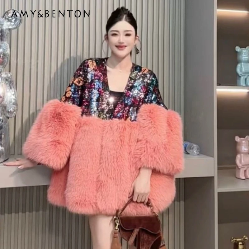 

Heavy Sequin Fur Coat Patchwork New Warm Comfortable Thickened Furry Jacket Fashion Faux Fur 2025 Winter New Long-sleeves Coat