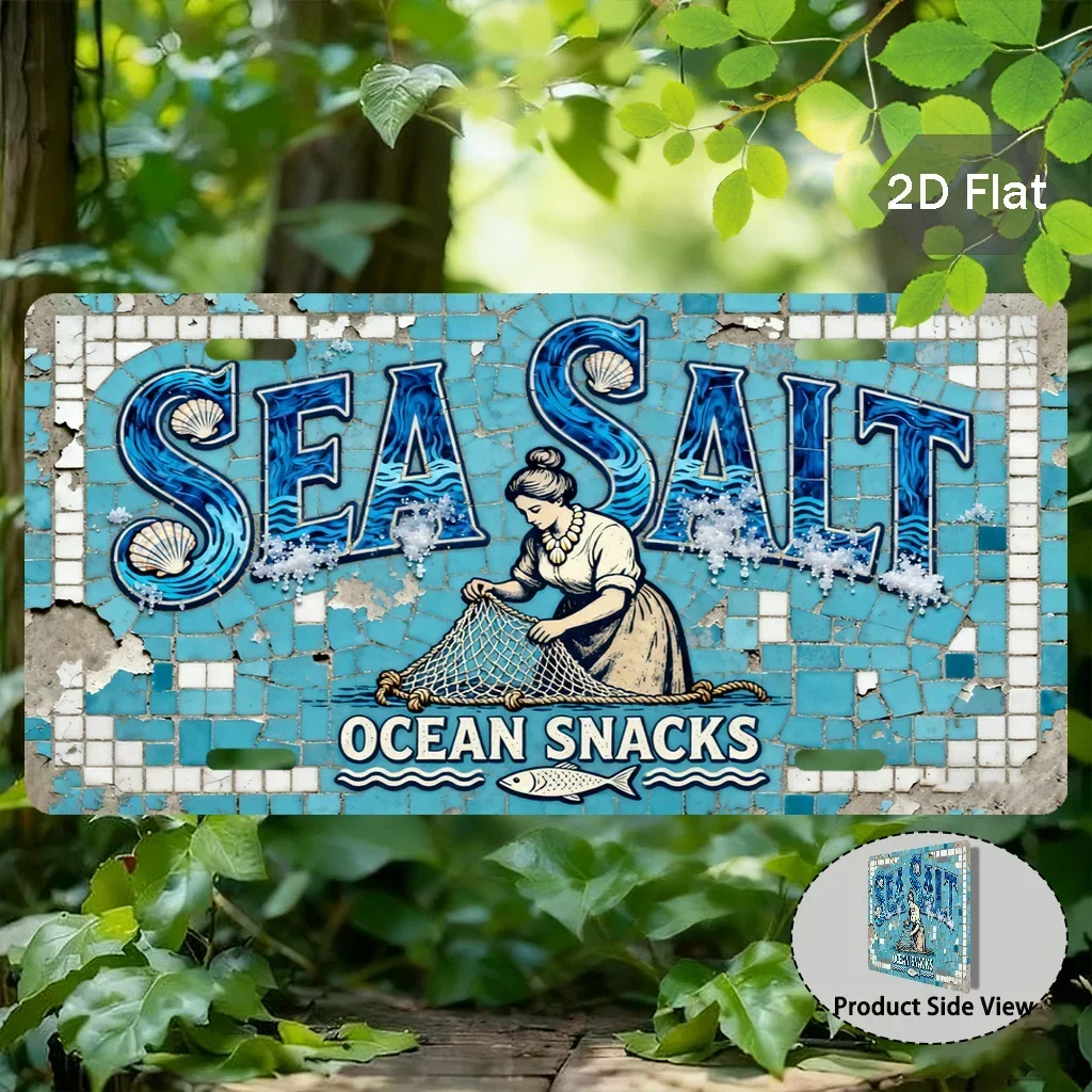 2D Flat - Vintage Metal Wall Sign Featuring a 2D Plate Design of Sea Salt And Ocean Snacks,Perfect for Coastal Nautical Kitch