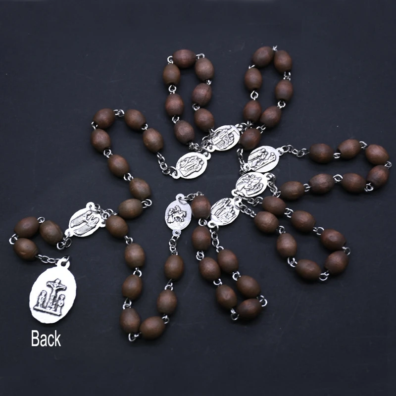 Seven Bitter Necklace Pendant Wooden Beads Virgin Mary Rosary Catholic Religious Pray Jewelry Brown