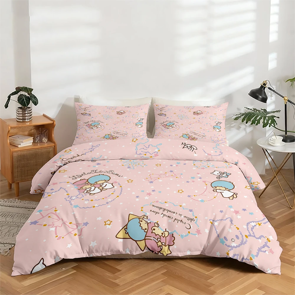 Juego de ropa de cama de 3 piezas con estampado digital de alta definición, diseño de Sanrio Little Twin Stars, juego de funda nórdica con estampado floral grande, incluye 1 funda nórdica + 2 fundas de almohada, adecuado para dormitorio, habitación de inv