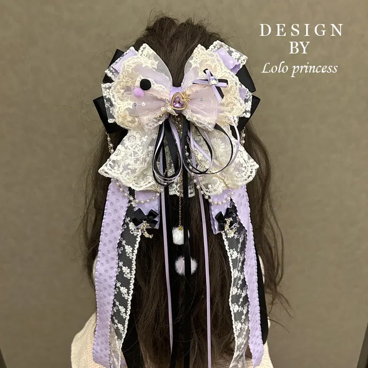 Handmade Black and Purple Lace Lolita Heavy Industry Handmade Hair Accessories Sweet Cool Wind Long Floating Hairpin