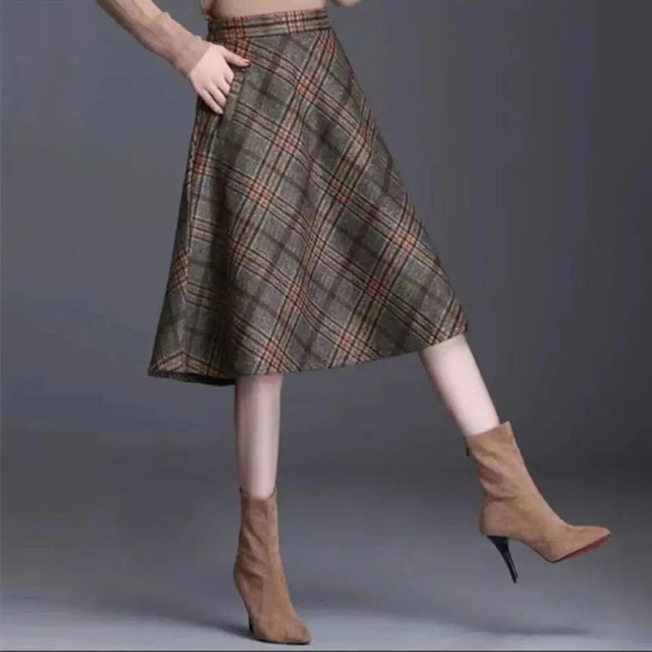 Checkered Mid Length Women's New Style High-waisted and Large Swing Elastic A-line Skirt Slimming Skirt Woolen Plaid Skirt