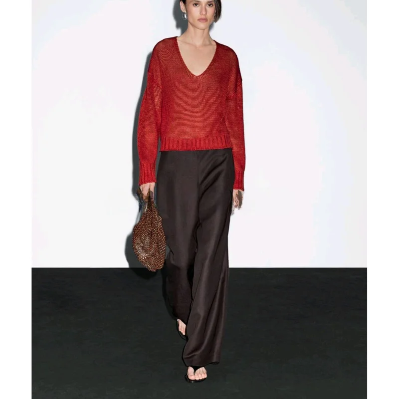 

MD, осенний новый женский простой легкий смешанный свитер с v-образным вырезом и длинным светом, свободный крой из полиэфирного волокна