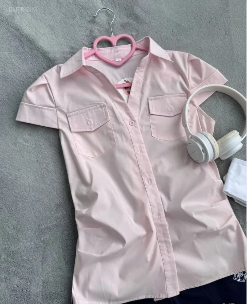 Fashion Preppy Style Buttons Turn Down Collar Blouse Y2k Aesthetic Simple Solid Pockets Punk T Shirts Harajuku Japanese Clothes