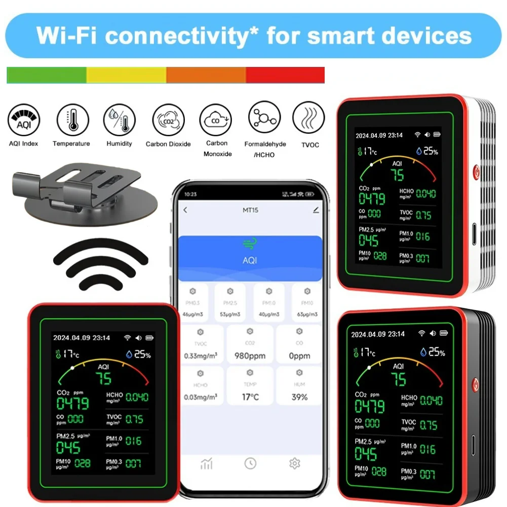 15 In 1 Air Quality Monitor PM2.5 PM10 CO CO2 TVOC HCHO AQI Tester 2.8inch TFT Color Screen CO2 Formaldehyde Detector for Indoor