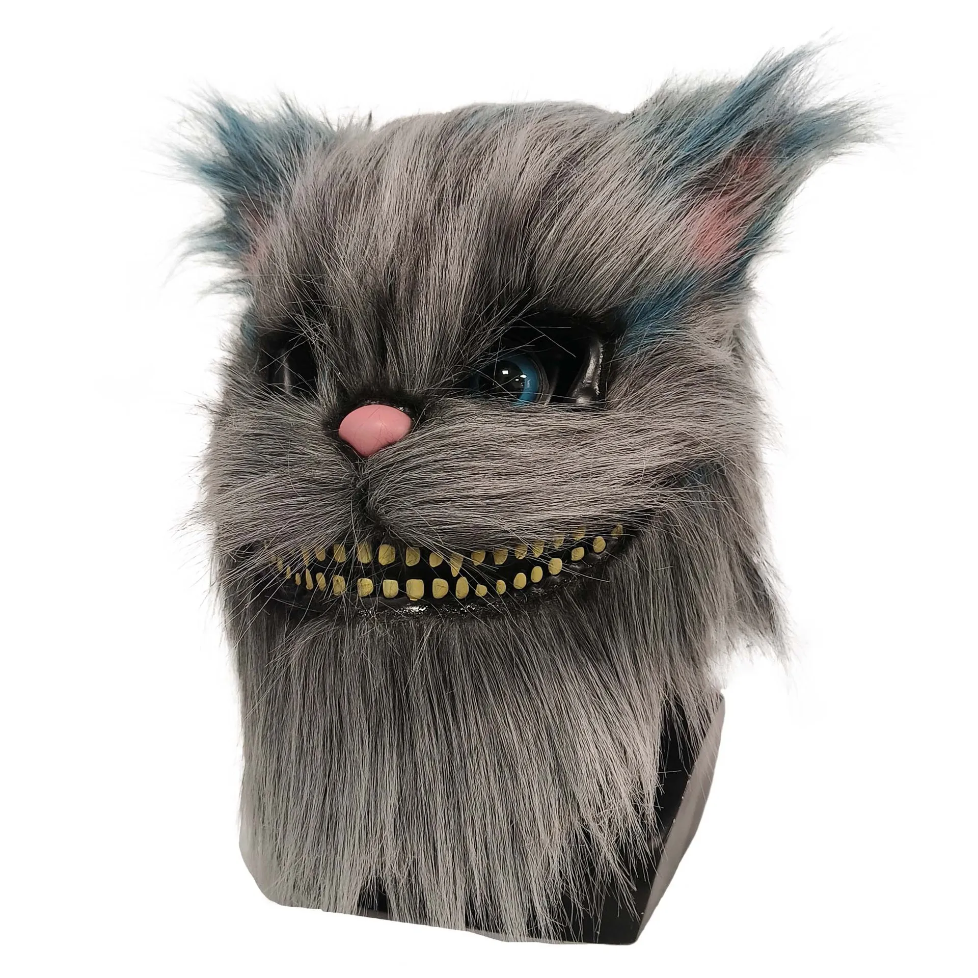 Horror-Maskerade: Grinsende Katze Vollkopfmaske aus Plüsch, Gruselige Großzahnte-Monstermaske für Halloween-Cosplay und Kostümierungen – Detail 1