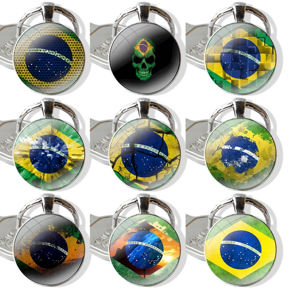 Brazil Brazilian flags Keychain Handmade Glass Cabochon Key Ring Holder Pendant Key Chains