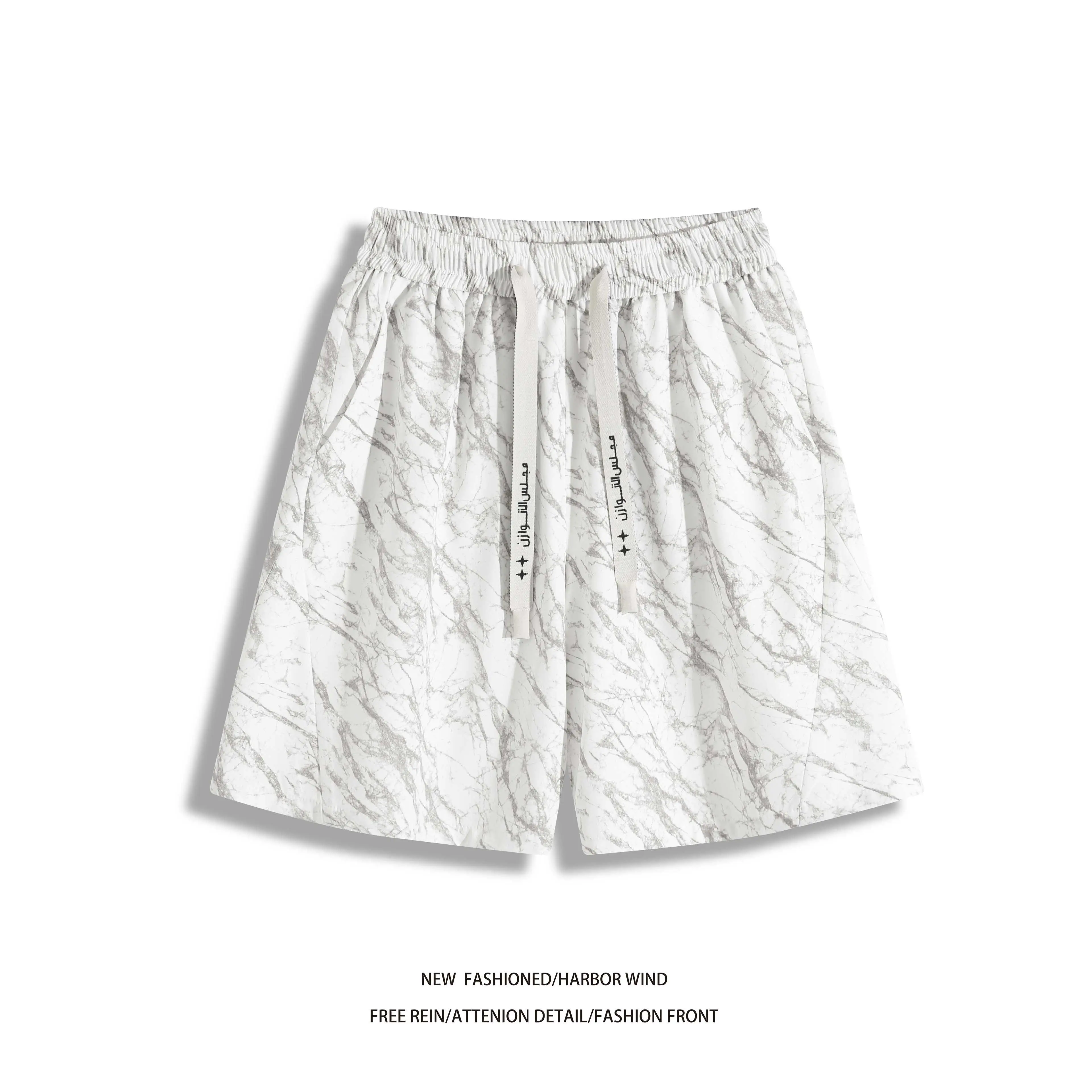 2026 Summer New Men's 100% Polyester Marble Print Casual Shorts Loose Wide Leg Drawstring Elastic Waist Knee‑Length Streetwear S