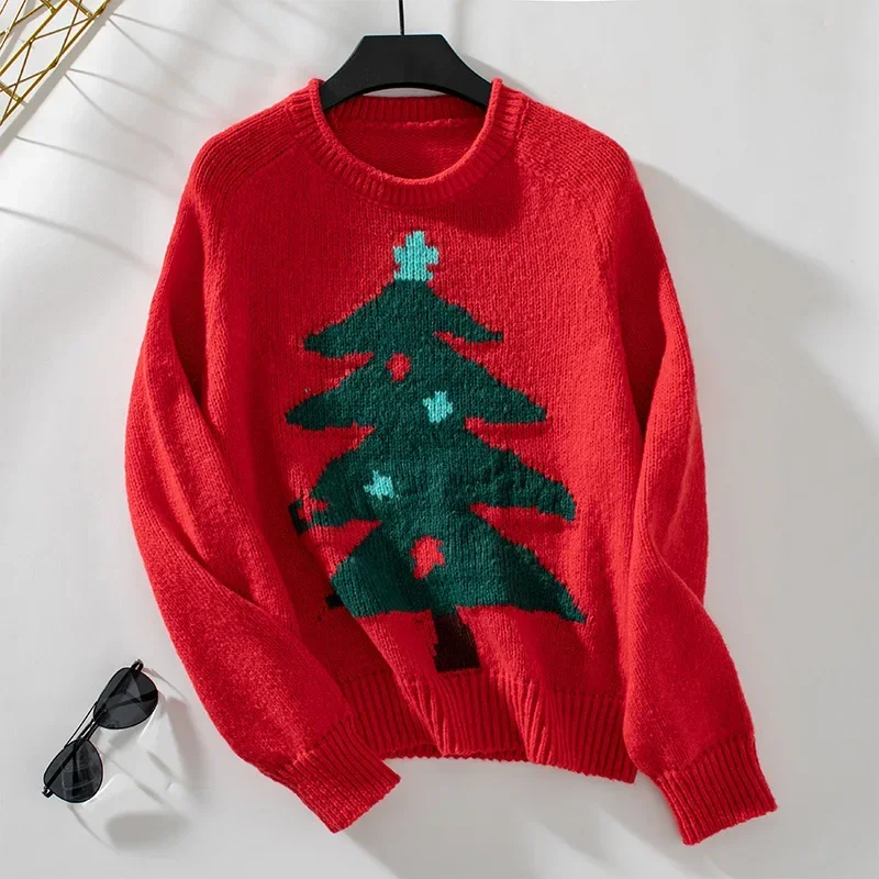 Ueteey Knitted Sweater for Women Autumn Winter O Neck Christmas Tree Pattern Pullover Womens Long Sleeve Oversized Sweaters