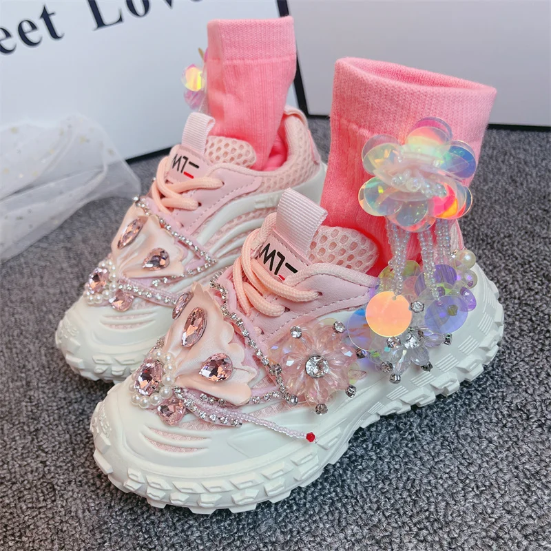 Girls Shoes 2023 Kids Fashion Running Sports Chunky Sneakers Toddler Brand Handmade Princess Shoes Children Pearls Flowers Flats