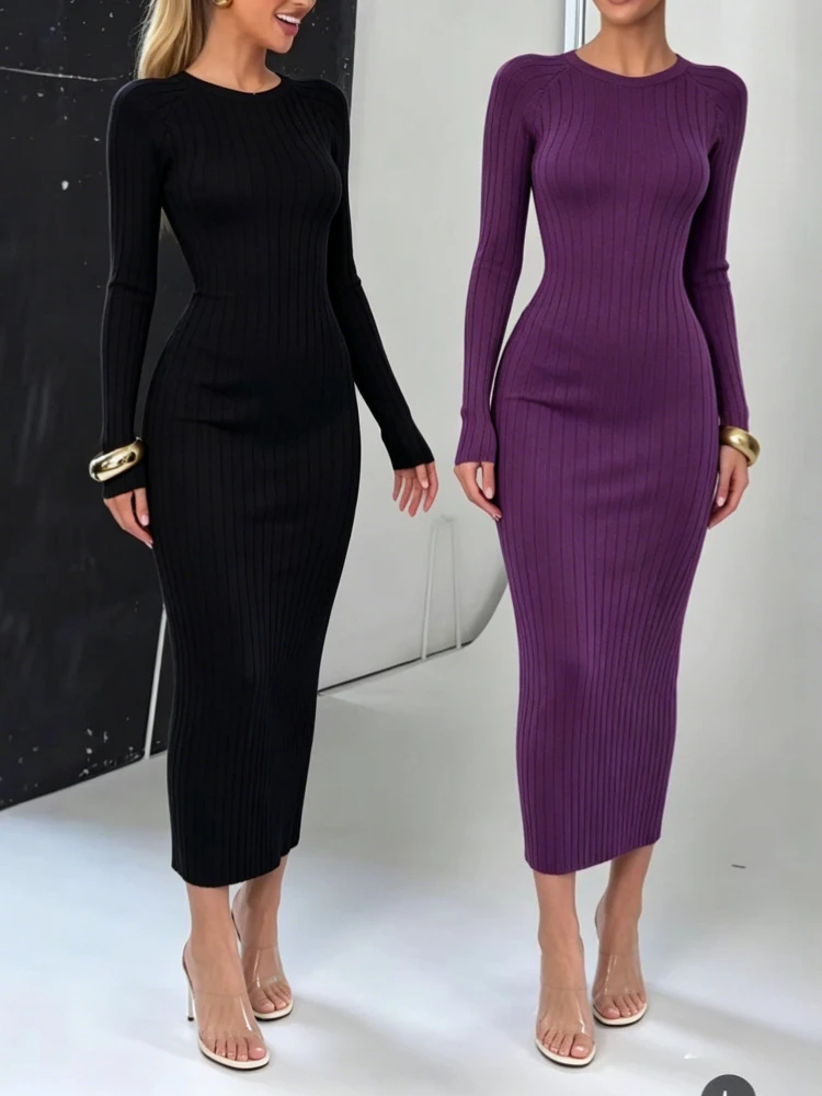 Damen Maxikleid aus geripptem Strick, langärmelig, mit Rundhalsausschnitt, elastisch, figurbetont, Pulloverkleid, einfarbig, elegant, für Partys und Freizeit, Bleistiftkleid, langes Kleid – Detail 1