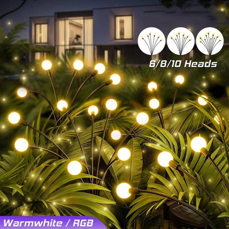 Impermeável Solar Garden Lights, Powered Firefly Lights, ao ar livre, vibrante, pátio, Pathway Decoração, quente, 8 LED, 10 LED