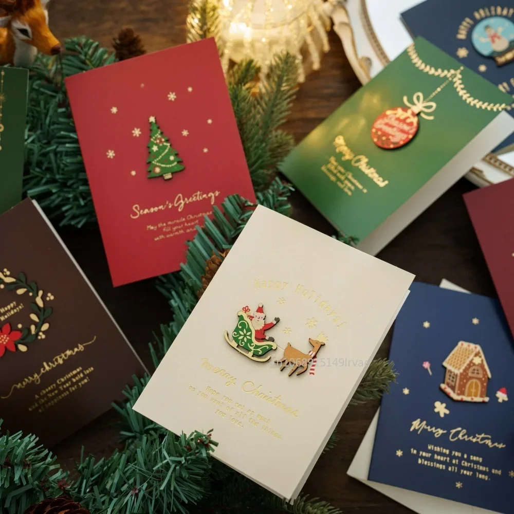 Merry Christmas Fold Small Greeting Cards with Envelopes Xmas Postcard Navidad New Year 2025 DIY Gift Card Decoration Noel