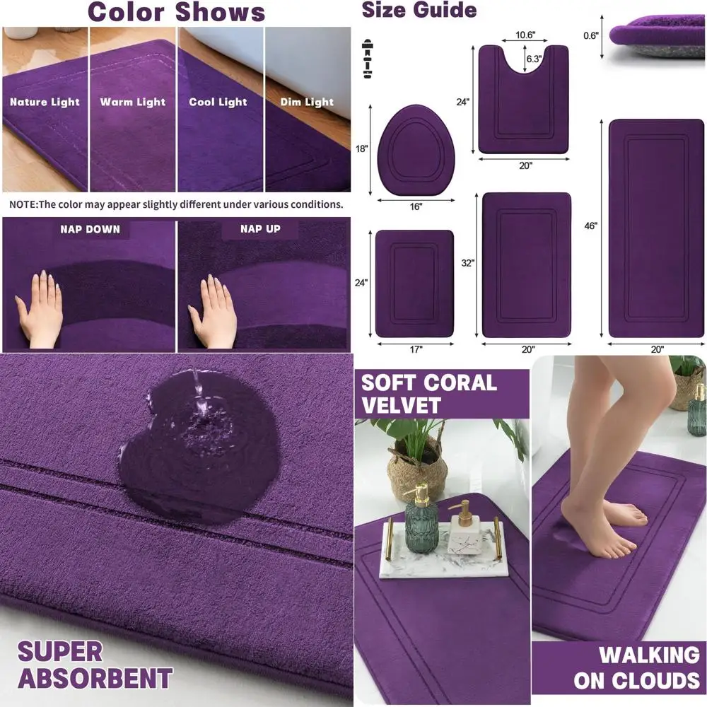 

Набор из 5 фиолетовых ковриков для ванной из пены с эффектом памяти — нескользящие, впитывающие и быстросохнущие коврики для пола в ванной комнате