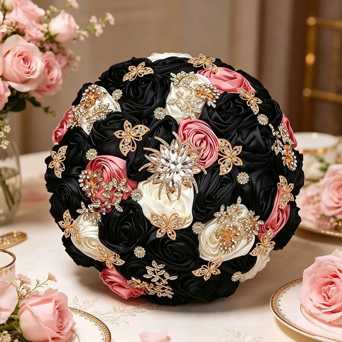 JaneVini Luxury Gothic Bridal Bouquet Crystal Brooches Rhinestone Butterfly Black Satin Rose Bride Hand Flowers Wedding Bouquets