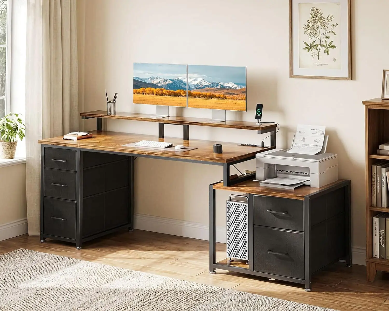 Rustic Brown Computer Desk with Printer Shelf 5 Fabric Drawers Power Outlet CPU Storage for Home Office, Customized