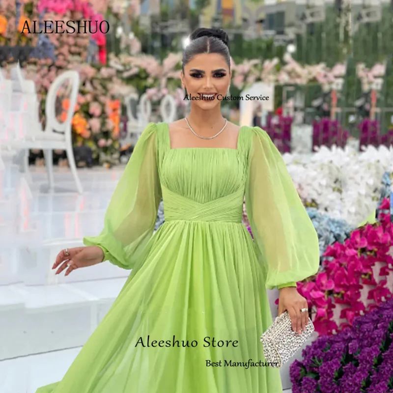 Aleeshuo gaun Prom klasik, A-Line lengan panjang Puff sifon kerah persegi gaun Prom panjang lantai Arab Dubai Vestido De Novia