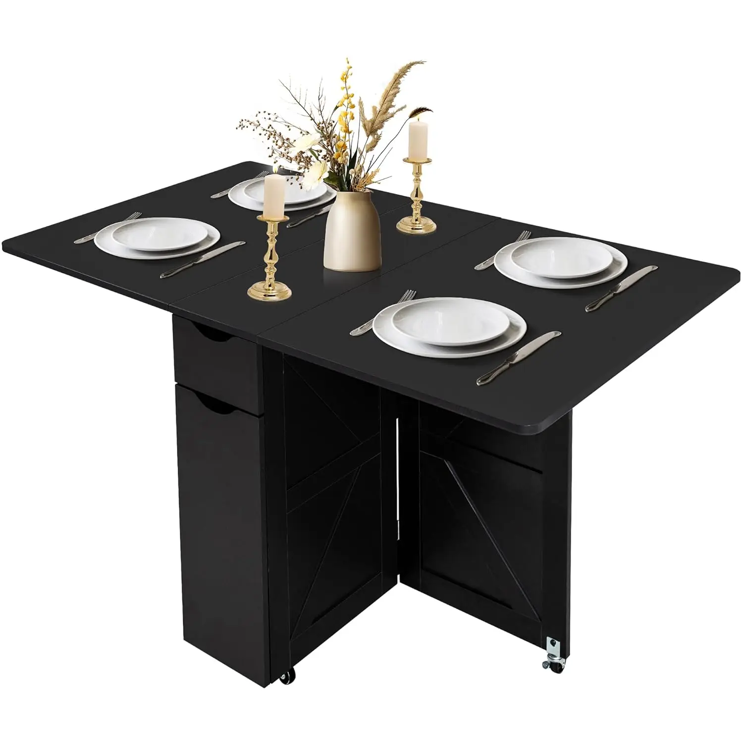 

Folding Dining Table with Drawer and Storage Shelves, 53" Space Saving Foldable Dining Table with 6 Wheels, Customized