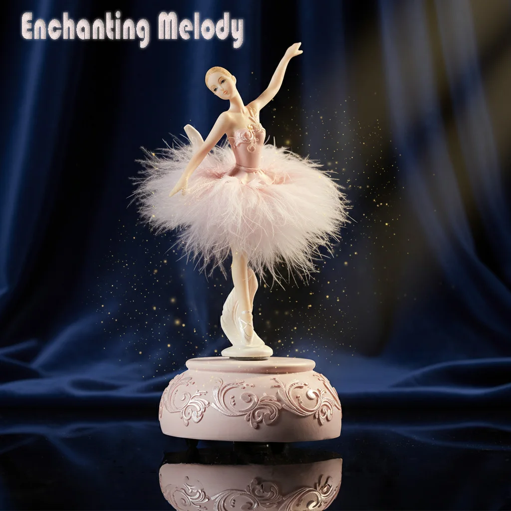 White/Pink Ballerina Music Box Figurine Plays Swan Lake, Hand-Painted Ballet Girl Feather Skirt Musical Gift for Birthday