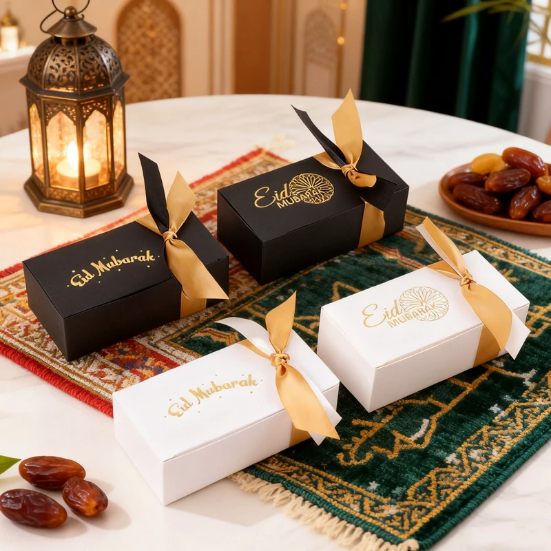 10/20 stücke Eid Mubarak Geschenk Box mit Band Ramadan Kareem Süßigkeiten Cookie Taschen Muslim Islamischen Festival Party DIY Dekoration liefert
